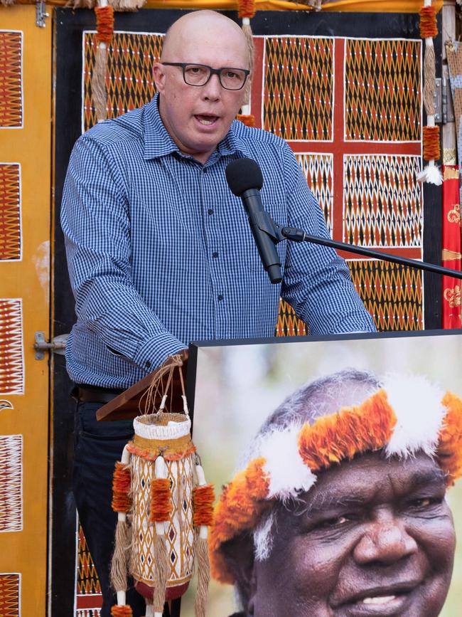 Opposition leader Peter Dutton speaking at the funeral service of Yunupingu. Picture: Peter Eve / Yothu Yindi Foundation