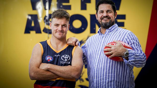 James Rowe with father and former Crows champion Stephen Rowe. Picture: Mike Burton