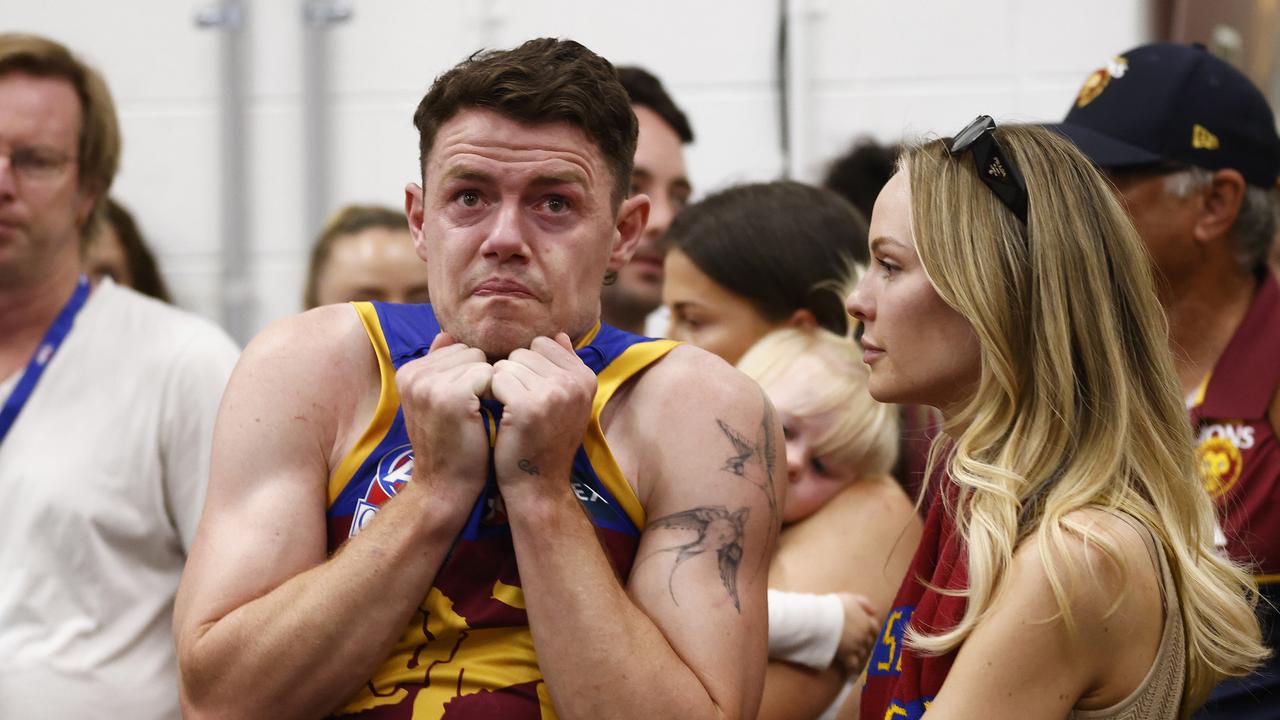 Lachie Neale of the Lions looks devastated. Photo by Daniel Pockett/AFL Photos/via Getty Images.