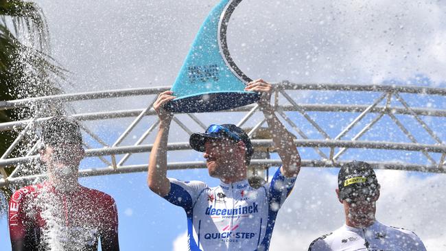 The 2020 podium – Pavel Sivakov of France and Team INEOS, Dries Devenyns of Belgium and Team Deceuninck – Quick-Step and Daryl Impey of South Africa and Team Mitchelton-SCOTT. Photo by Tim de Waele/Getty Images