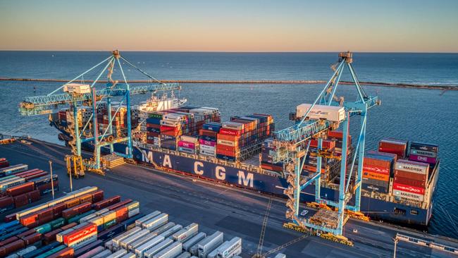 A container ship at Flinders’ Port Adelaide. ‘For Flinders Port Holdings in South Australia, our focus is on transforming in alignment with our workforce, which has delivered superbly during Covid, and making them part of this process.’