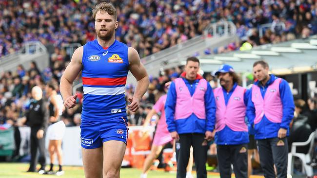 Jake Stringer after injuring his hamstring on Saturday. Picture: Getty Images