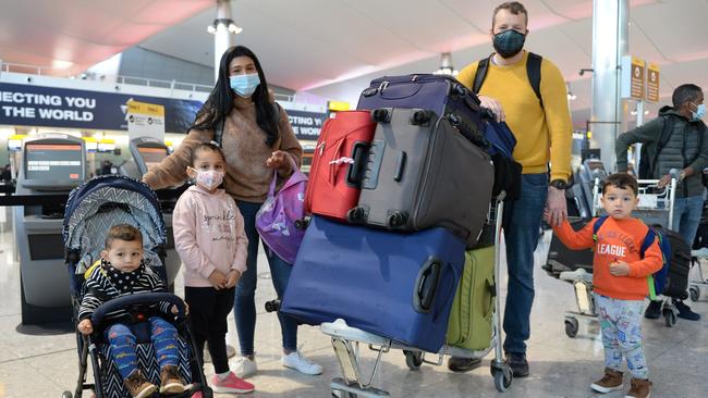 Mattias, Isabella, Natalia, James and Timothy Murphy at London’s Heathrow Airport on Thursday. Picture: Annabel Moeller