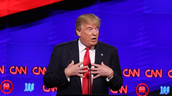 Donald Trump speaks during the CNN, Salem Media Group, The Washington Times Republican Presidential Primary Debate on the campus of the University of Miami in 2016.