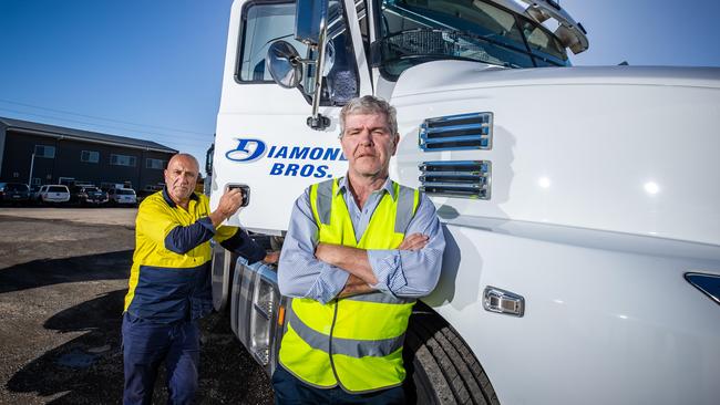 Truck driver Jim Demicoli and Kym McDermid CEO of Diamond Bros aren't happy with the federal fuel tax policy. Picture: Tom Huntley