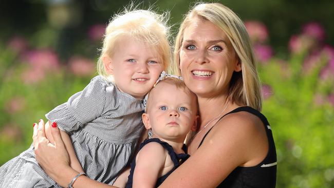 Sarah Jones with her two daughters Mila, 3, and Halle, 12 months. Picture: Alex Coppel