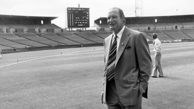 Kerry Packer, pictured at VFL Park in 1977, was instrumental in introducing Australians to day/night cricket.