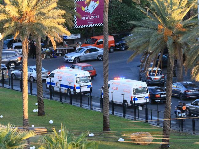 Ambulances rush wounded people to a hospital in the southern Lebanese city of Saida. Picture: AFP