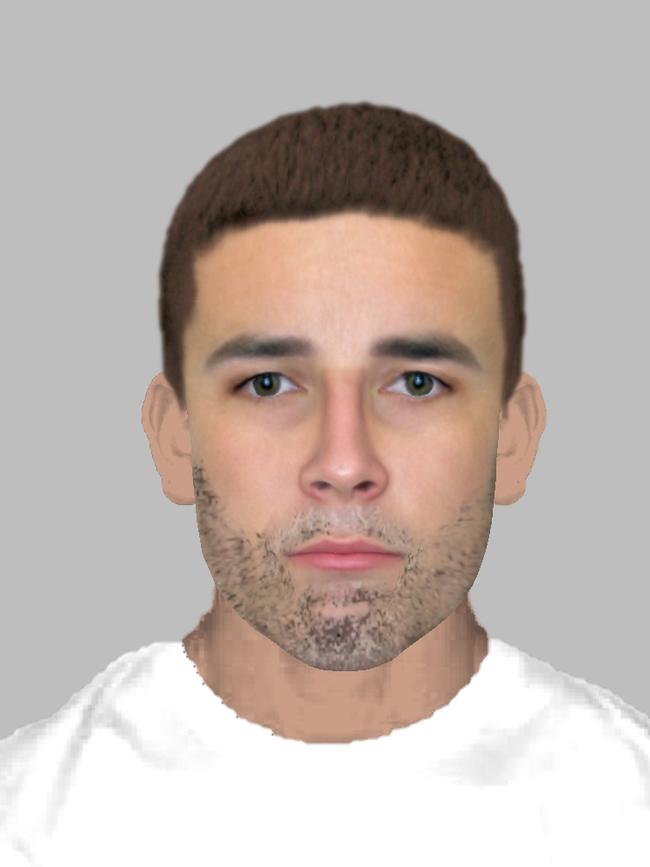 The second man has been depicted as being of caucasian appearance, aged in his 20s, with short brown hair, hazel-coloured eyes and with short black stubble. He is seen wearing a white T-shirt. Picture: NSW Police