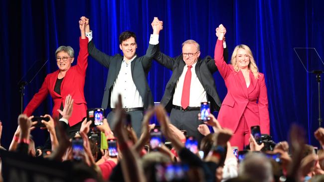 Prime Minister Anthony Albanese appeared tearful as he claimed victory in the Federal Election at Canterbury-Hurlstone Park RSL Club. Picture: NewsWire / Jeremy Piper