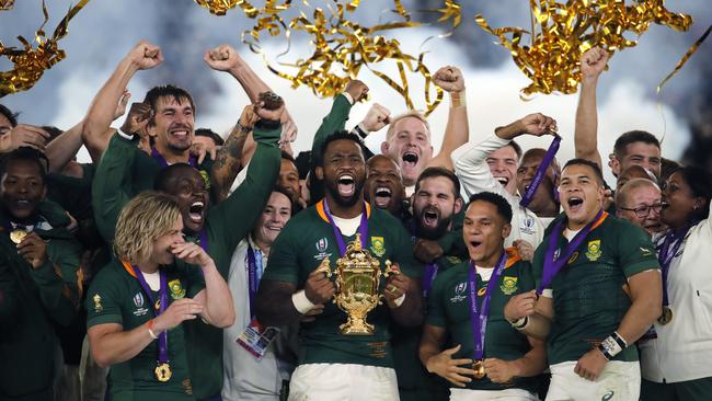 The Springboks celebrate after winning the 2019 World Cup. New Rugby Australia chairman Hamish McLennan is not holding back on efforts to win the bid to host the 2027 tournament. Picture: AP