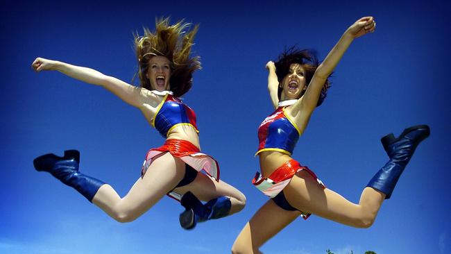 Bianca Galizzi performing with the Adelaide Football Club Crows cheerleaders, alongside Kerry Siciliano.