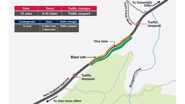 Motorists are advised of changed traffic conditions on the New England Highway at Bolivia Hill.