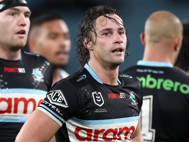 SYDNEY, AUSTRALIA - JUNE 28:  Nicho Hynes of the Sharks reactsduring the round 17 NRL match between Canterbury Bulldogs and Cronulla Sharks at Accor Stadium on June 28, 2024, in Sydney, Australia. (Photo by Cameron Spencer/Getty Images)