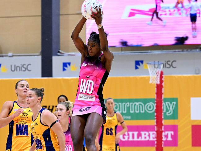 SUNSHINE COAST, AUSTRALIA - APRIL 27: Latanya Wilson of the Thunderbirds in action during the round three Super Netball match between Sunshine Coast Lightning and Adelaide Thunderbirds at UniSC Arena, on April 27, 2024, in Sunshine Coast, Australia. (Photo by Bradley Kanaris/Getty Images)