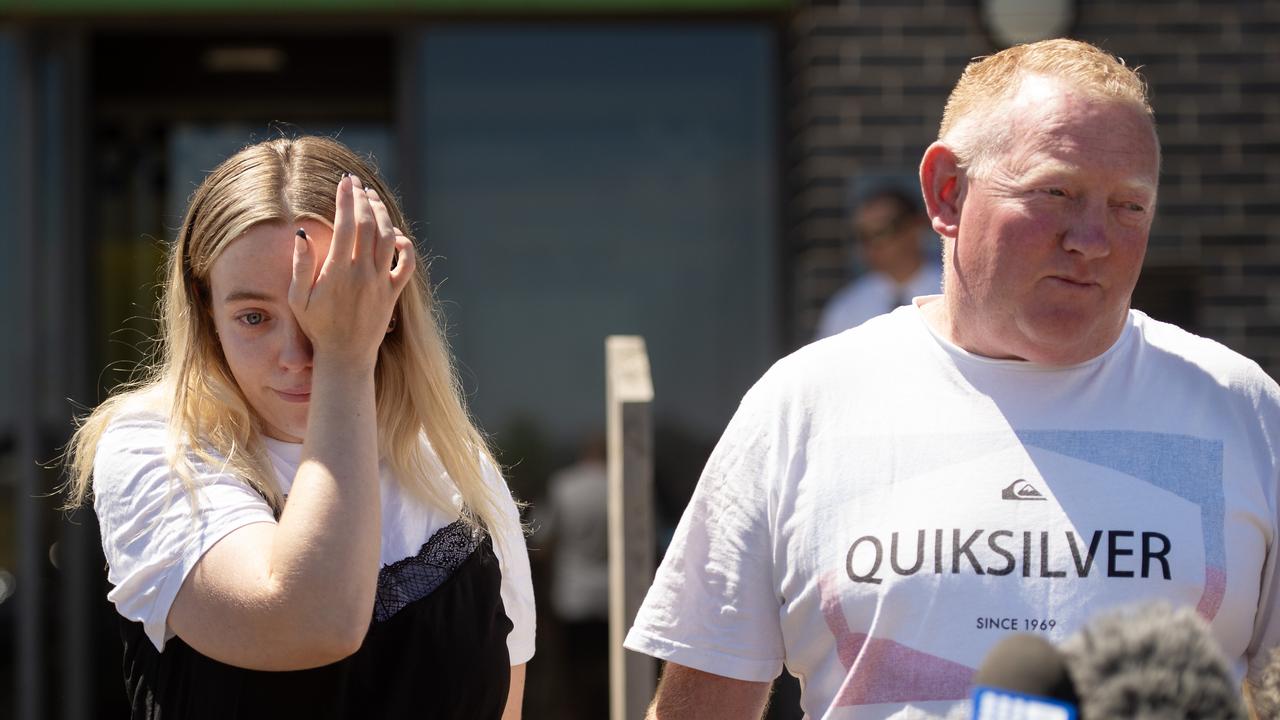 Samantha’s husband Michael Murphy and their daughter Jess Murphy spoke to media outside Ballarat West Police Station in February. Picture: NewsWire / Nicki Connolly