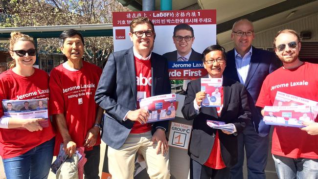 State Opposition leader Luke Foley shows his support for Labor candidates Jerome Laxale and Peter Kim.
