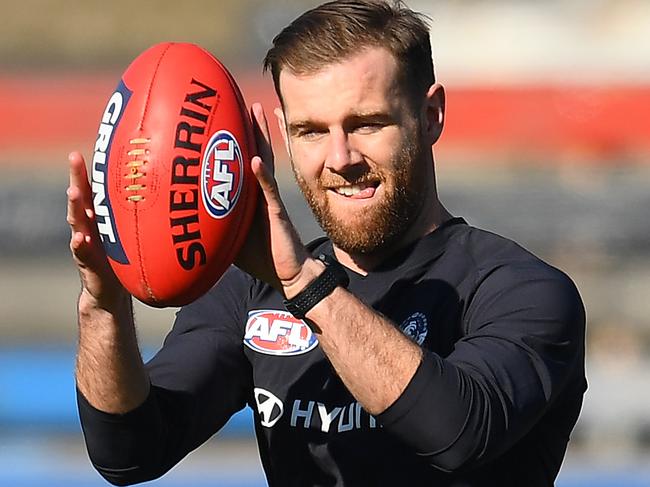 MELBOURNE, AUSTRALIA - JUNE 24: Sam Docherty of the Blues marks during a Carlton Blues AFL media opportunity at Ikon Park on June 24, 2019 in Melbourne, Australia. (Photo by Quinn Rooney/Getty Images)