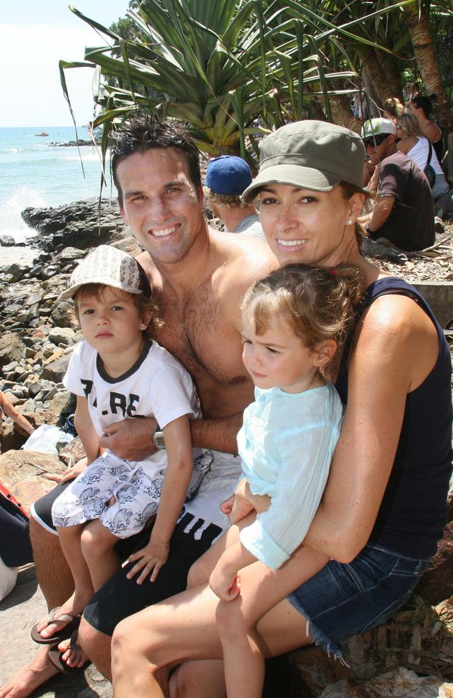 Pat Rafter with wife Lara and kids Joshua, then 4, and India, then 1. Picture: Megan Slade