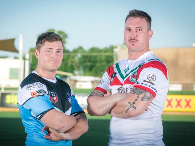 Sharks' Jacob Collie and Nightcliff's Brent Crisp ahead of Round 1 at the 2021 NRL NT season launch. Picture: Glenn Campbell