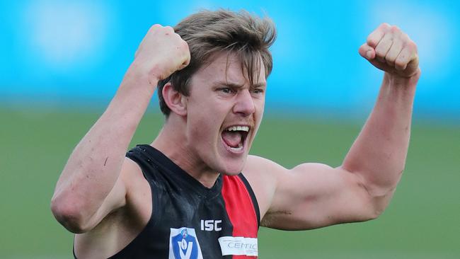 Aaron Heppell celebrates as the final siren sounds and the bombers won by 3 points in 2019. Picture: Michael Klein.