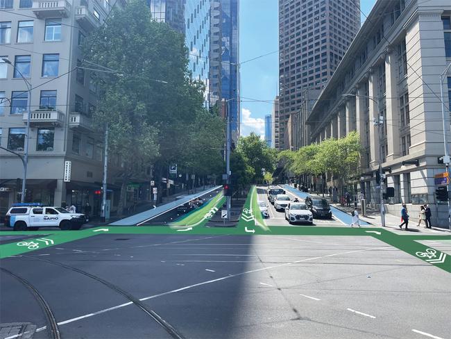 The plan involves moving the bike lanes along the southern end of Exhibition St into the centre of the street.