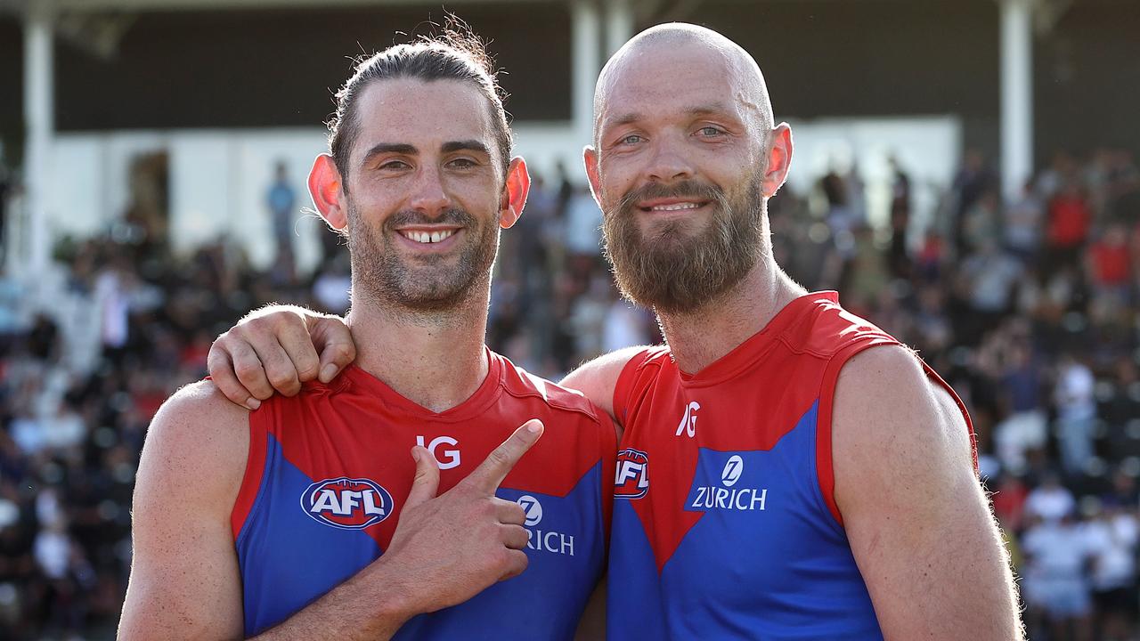 Max Gawn (right) says former teammate Brodie Grundy doesn’t need to prove himself to anyone but would nonetheless have a ‘chip on his shoulder’ ahead of Thursday night’s reunion at the SCG. Picture: Michael Klein
