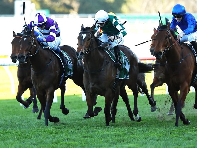 SYDNEY, AUSTRALIA - AUGUST 24: Jason Collett riding Kimochi wins Race 9 James Squire Toy Show Quality during Winx Stakes Day - Sydney Racing at Royal Randwick Racecourse on August 24, 2024 in Sydney, Australia. (Photo by Jeremy Ng/Getty Images)