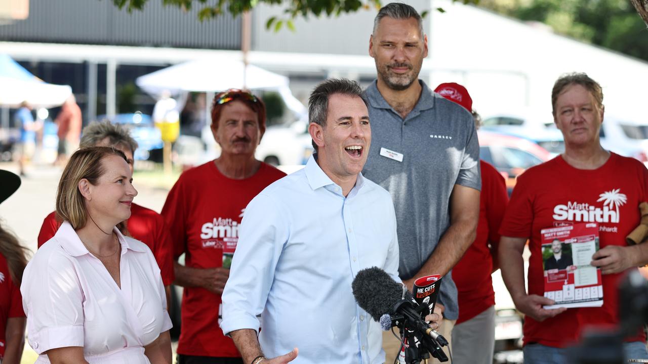 Labor Party Senator Nita Green, Federal Treasurer Jim Chalmers and Labor candidate for Leichhardt Matt Smith speak to the media at the Australian Electoral Commission pre-polling centre set up at the Tjapukai Cultural Park in Smithfield, a northern suburb of Cairns. Picture: Brendan Radke