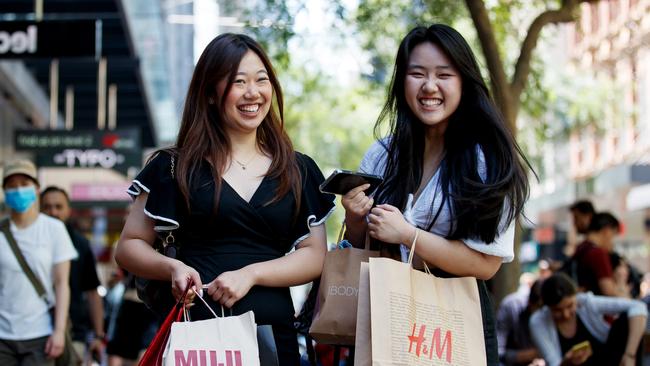 Olivia Yu and Abbey Wong snapped up bargains during the 2022 Black Friday sales in Sydney. Picture: NewsWire / Nikki Short