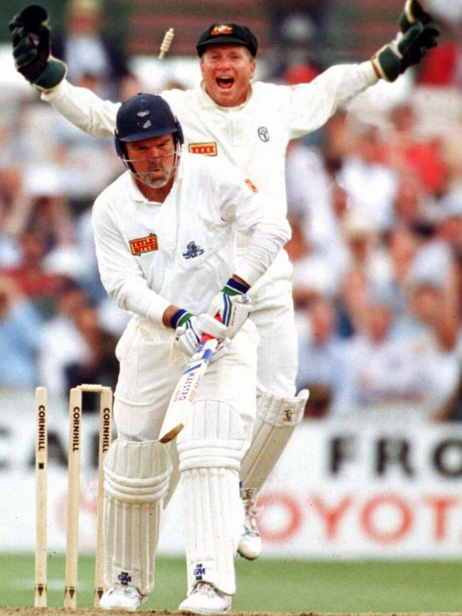 Mike Gatting is bowled by Shane Warne’s first delivery in an Ashes Test, at Old Trafford in 1993.