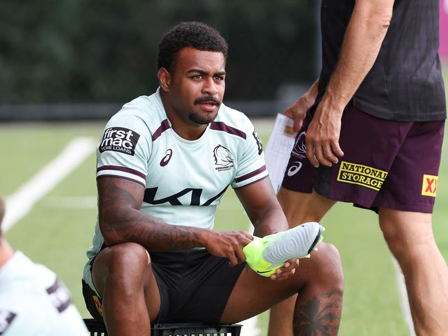Ezra Mam and the Broncos team train at Red Hill before the opening round of the 2025 NRL season. Pics Adam Head