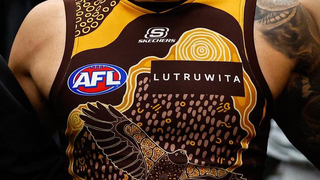 MELBOURNE, AUSTRALIA - MAY 26: Jarman Impey of the Hawks sings the team song during the 2024 AFL Round 11 match between the Hawthorn Hawks and the Brisbane Lions at Marvel Stadium on May 26, 2024 in Melbourne, Australia. (Photo by Dylan Burns/AFL Photos via Getty Images)