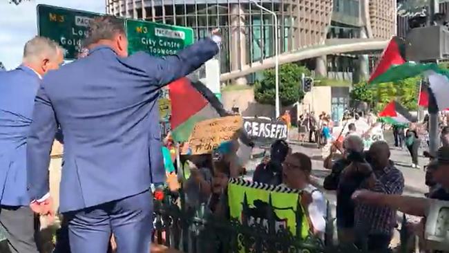 Robbie Katter and Nick Dametto clash with a group of pro-Palestine protesters. Picture: Supplied