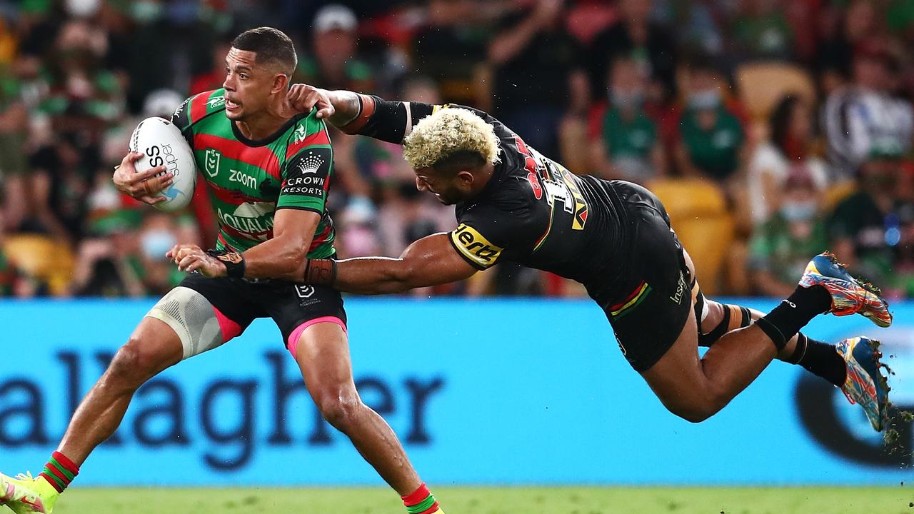 BRISBANE, AUSTRALIA - OCTOBER 03: Dane Gagai of the Rabbitohs is tackled by Viliame Kikau of the Panthers during the 2021 NRL Grand Final match between the Penrith Panthers and the South Sydney Rabbitohs at Suncorp Stadium on October 03, 2021, in Brisbane, Australia. (Photo by Chris Hyde/Getty Images)