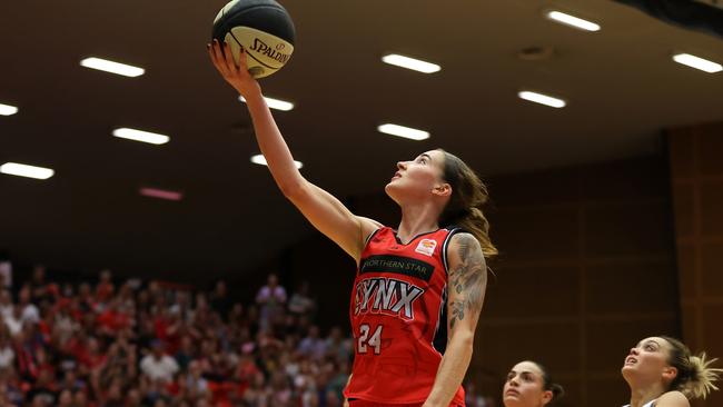 PERTH, AUSTRALIA - MARCH 14: Anneli Maley of the Lynx goes to the basket during game two of the WNBL Grand Final series between Perth Lynx and Southside Flyers at Bendat Basketball Stadium, on March 14, 2024, in Perth, Australia. (Photo by Paul Kane/Getty Images)