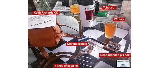 Depp's table of (alleged) goodies. Picture: NY Post