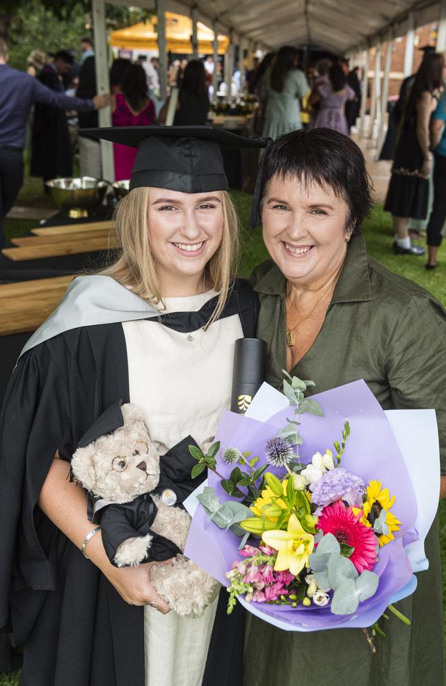 Bachelor of Business graduate Chloe McLean is congratulated by mum Linda McLean at a UniSQ graduation ceremony at Empire Theatres, Tuesday, February 13, 2024. Picture: Kevin Farmer