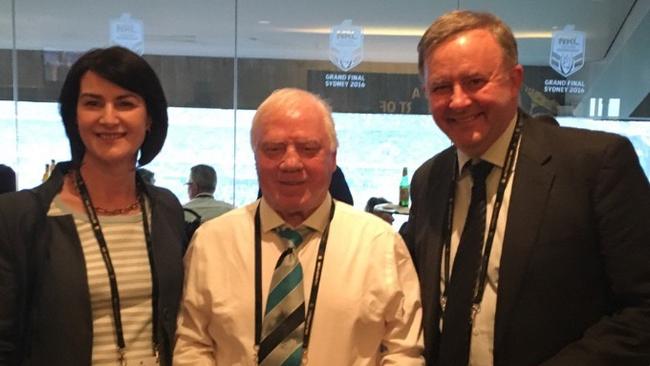 Anthony Albanese with wife Carmel Tebbutt and Cronulla legend Tommy Bishop at the NRL Grand Final. Pic: NRL