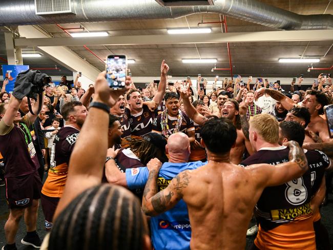 Scenes in the Brisbane Broncos sheds after a win in 2023. Picture: NRL photos