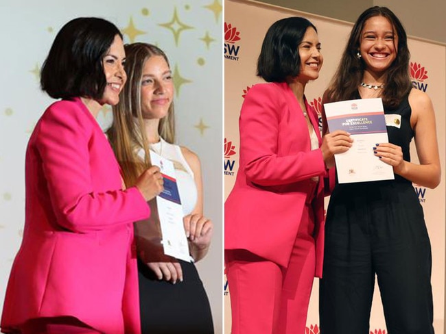 Education Minister Prue Car awarding student Paula Karoglan first in Croatian Continuers, left, and student Kiana Levy first in Drama, right. Pictures: Richard Dobson