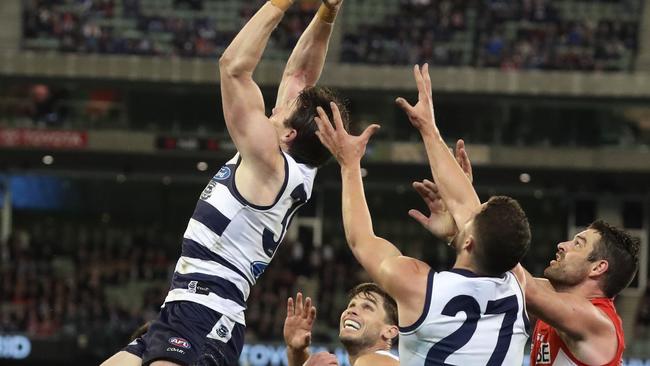 Patrick Dangerfield marks in Geelong’s semi-final win against Sydney at the MCG. Picture: Alex Coppel.