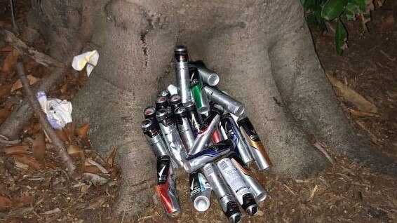 Homeless teenagers dump aerosol cans by a tree in the Broadwater Parklands at Southport, on the Gold Coast.