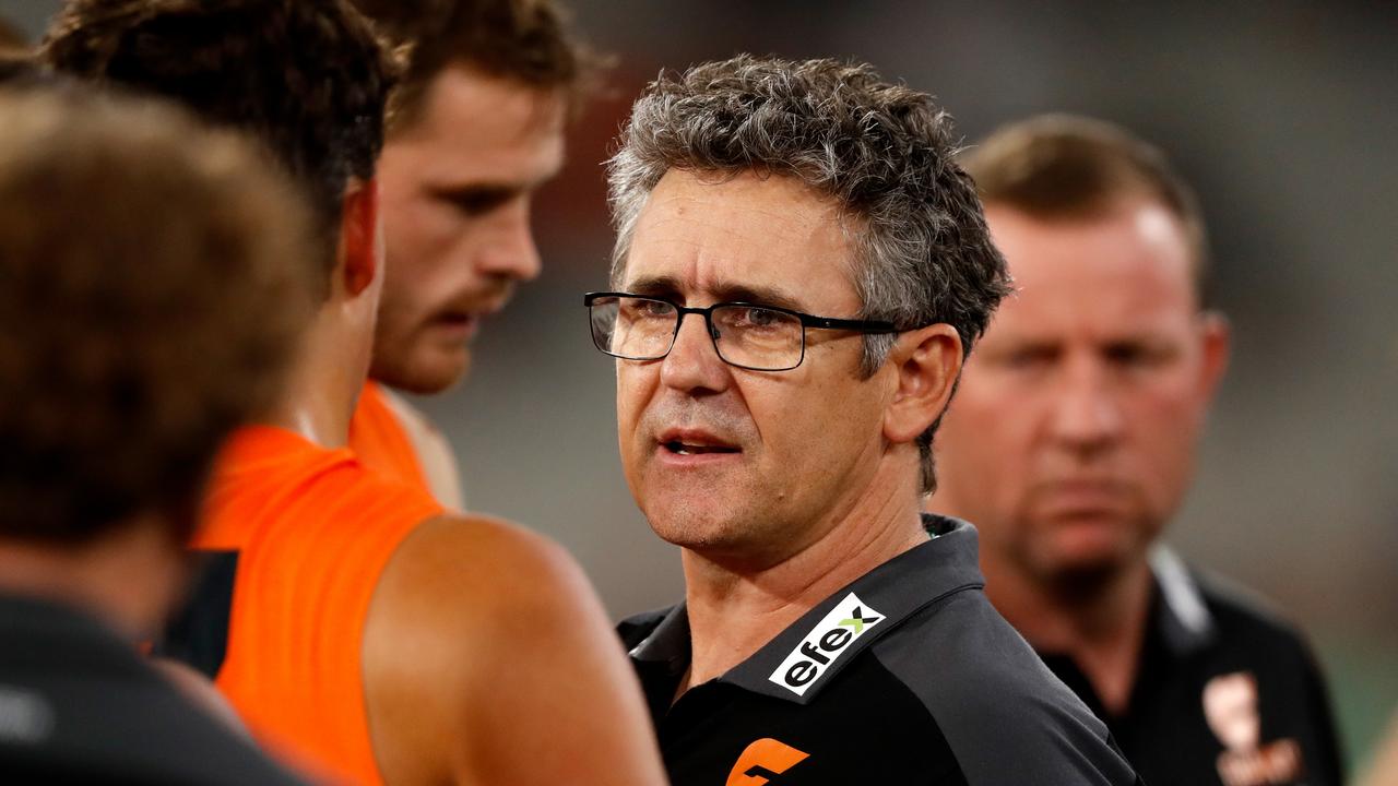 MELBOURNE, AUSTRALIA - APRIL 16: Leon Cameron, Senior Coach of the Giants addresses his players during the 2022 AFL Round 05 match between the Melbourne Demons and the GWS Giants at the Melbourne Cricket Ground on April 16, 2022 In Melbourne, Australia. (Photo by Dylan Burns/AFL Photos via Getty Images)