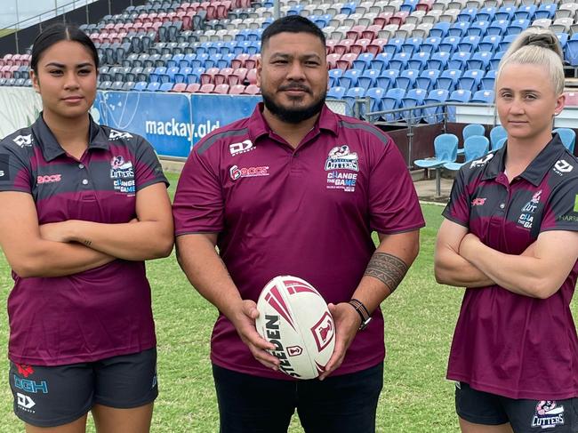 Jasmine Peters with her Dad and new coach Marco alongside Emma Manzelmann after the official announcement of the Mackay Cutters BMD premiership team in the Womens competition.