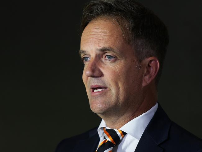 Wests Tigers CEO Justin Pascoe and new coach Michael Maguire speak during a press conference at Concord Oval, Sydney. Picture: Brett Costello