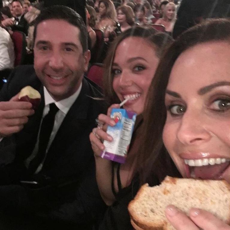 Minnie Driver with David Schwimmer, "Jimmy Kimmel's Mom made PBJ's for everyone." Picture: Instagram