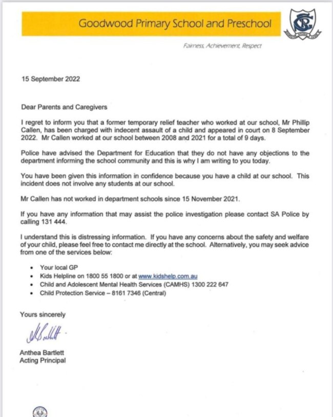 A similar letter was sent to parents at Goodwood Primary School.