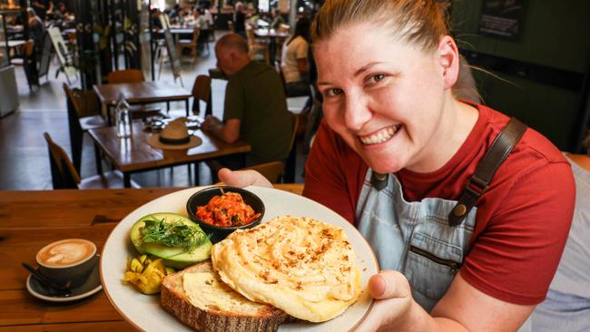 Jodie Zerna presents some seriously scrumptious scrambled eggs at My Grandma Ben Cafe, Bowden. Picture: Image / Russell Millard Photography