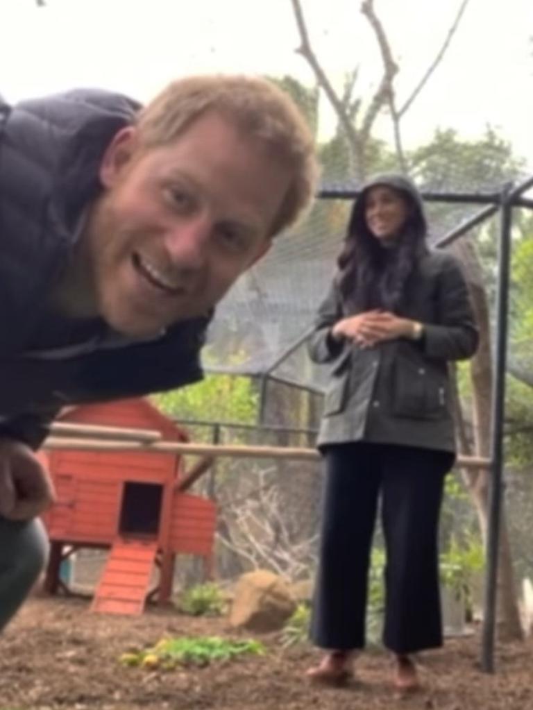 Harry and Meghan’s new life: Feeding the chooks … Picture: Netflix